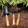 Hand-forged teak wood gardening tool set, including a 14