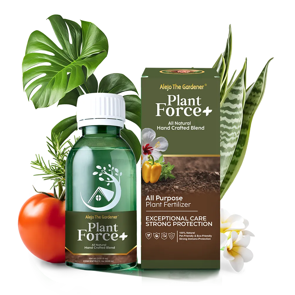 Plant Force+ All Natural Fertilizer 104ml – A small, green bottle with a vibrant label featuring plant graphics, highlighting its eco-friendly, nutrient-rich formula for healthier plant growth.