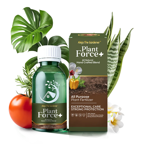 Plant Force+ All Natural Fertilizer 104ml – A small, green bottle with a vibrant label featuring plant graphics, highlighting its eco-friendly, nutrient-rich formula for healthier plant growth.