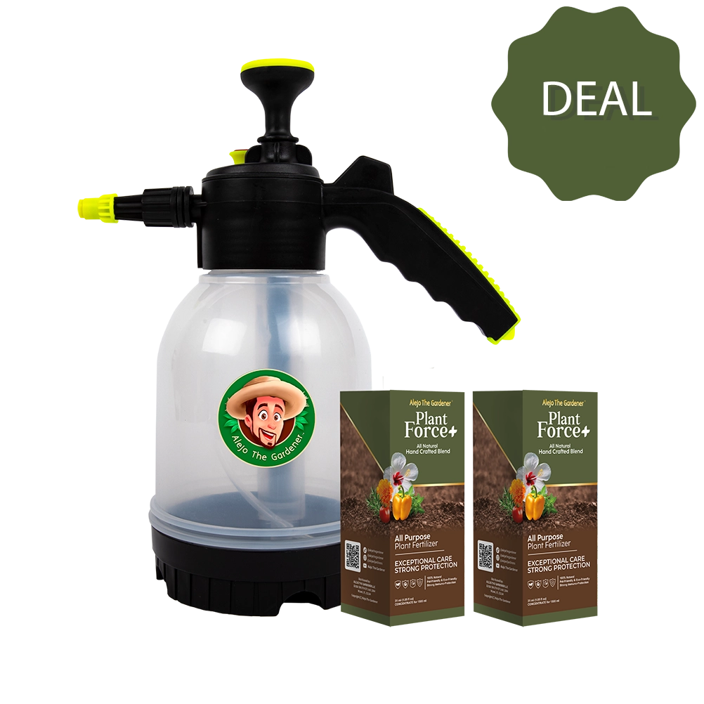 Ideal Plant Care Set – Includes (2) Plant Force+ 31ml concentrates and (1) 1500ml sprayer for precise, all-natural plant nourishment and protection.